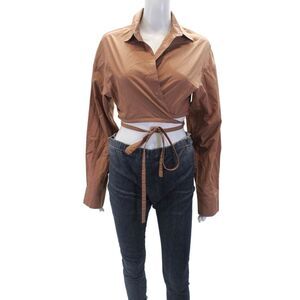 Kimberly Taylor Womens Long Sleeves Cropped Wrap Blouse Brown Cotton Size Medium